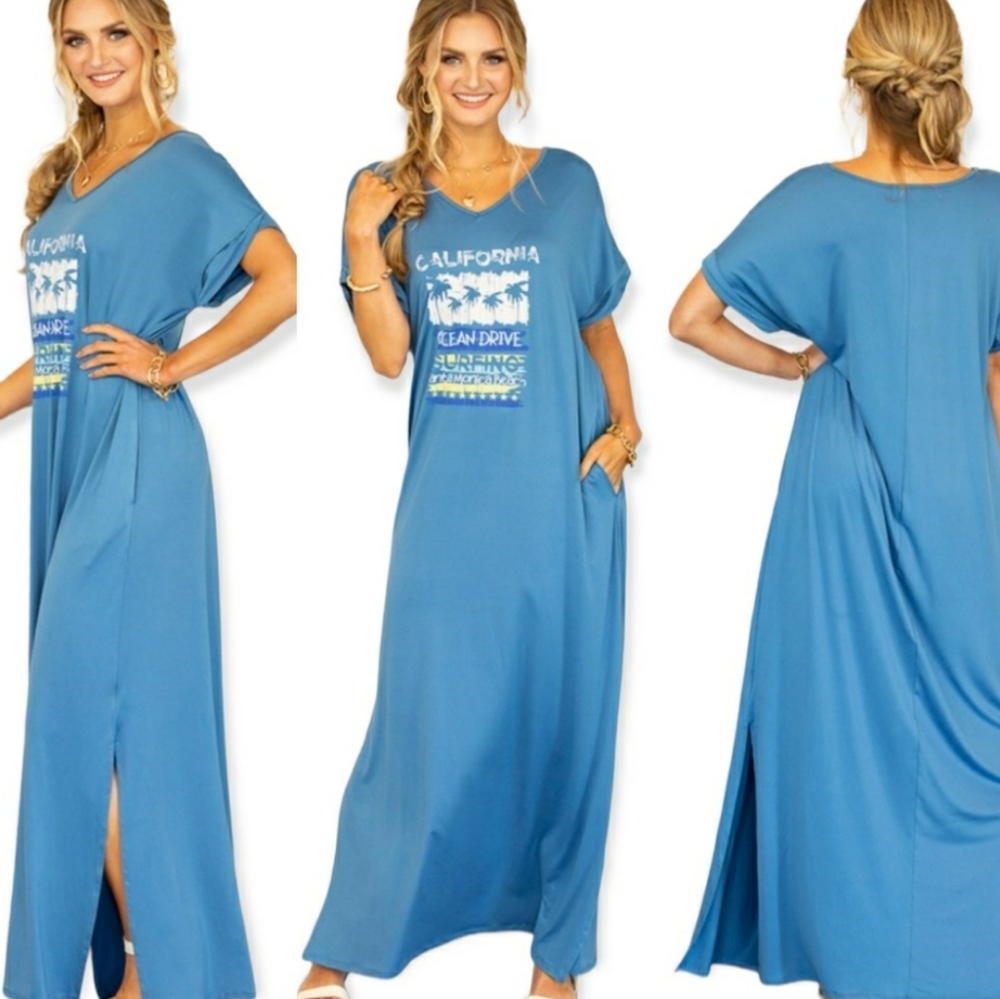 California Print Blue V Neck Short Sleeve T Shirt Maxi Dress w Pockets